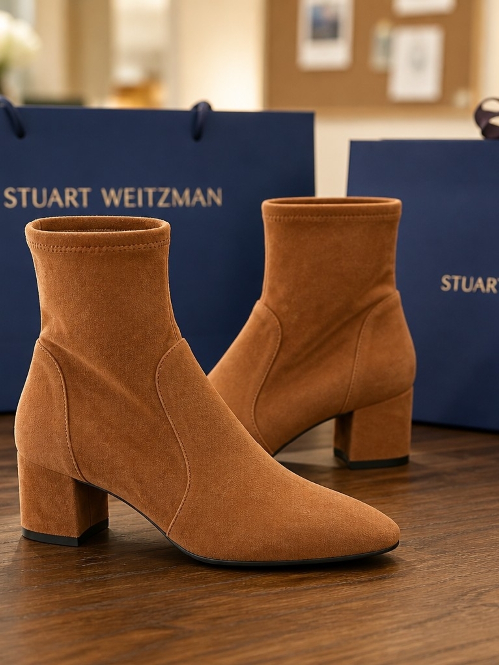 Stuart Weitzman Sofia Block Heel Suede Sock Boots ESPRESSO Size 8.5